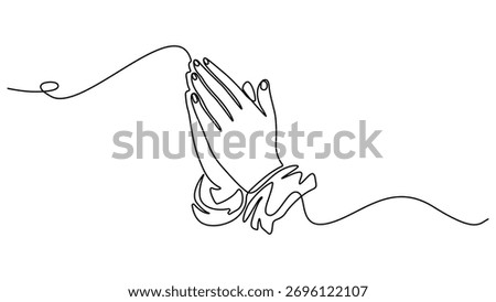 One line drawing praying hand worship religious vector illustration template design, Minimalist continuous one line drawing of praying hands, Hand in Praying position, Editable outline.