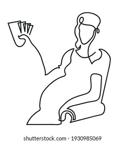 One line drawing of  pregnant woman with money in her hands
One continuous line drawing of  woman  holding money.
