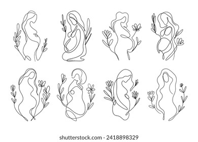 One line drawing of pregnant women with flowers. Contour female silhouette with big belly, pregnancy health care and parenthood concept. Vector set