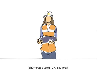 One line drawing presents a confident woman holding a raw mineral stone hat for an industry concept. This graphic illustration perfectly suits an International Women in Mining Day web post.