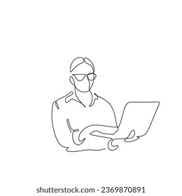 Dibujo de una línea. Un programador sostiene un portátil en sus manos. El estilo de las parejas de moda.
