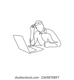 Dibujo de una línea. Un programador sostiene un portátil en sus manos. El estilo de las parejas de moda.