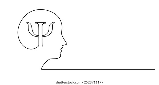 Dibujo de una línea de un símbolo de psicología dentro de una cabeza. Representación minimalista para la salud mental y el bienestar. Ilustración vectorial.