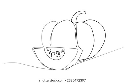 One line drawing pumpkin. Continuous line art vector vegetable illustration. Hand drawn Halloween decorative element. Healthy food concept for grocery label, vegan store, shopping bag, t-shirt print.