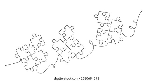 Um desenho de linha Puzzle vetor. Ícone linear do vetor de linha única do quebra- cabeça. Quebra-cabeça projeto de linha de contorno do jogo. Vetor de uma linha desenhado à mão. Traçado editável