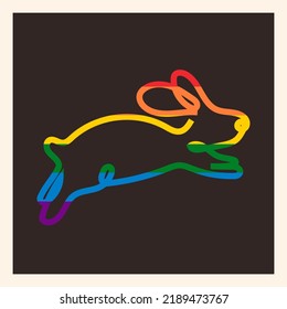 One line drawing Rabbits  in the color of the rainbow, the LGBT flag.Poster, Vector on a dark background. All elements are isolated