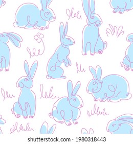 One line drawing Rabbits seamless vector pattern. Easter background
