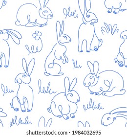 Dibujo de una línea Conejos con un patrón vectorial transparente. Antecedentes de la Semana Santa