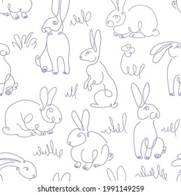 One line drawing Rabbits seamless vector pattern. Easter background