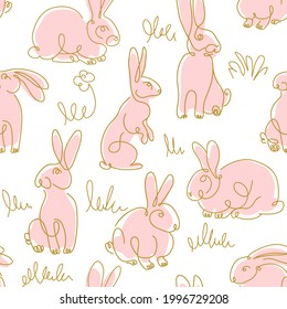 One line drawing Rabbits seamless vector pattern. Easter background