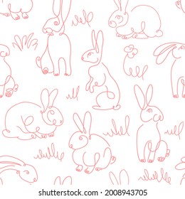 One line drawing Rabbits seamless vector pattern. Easter background