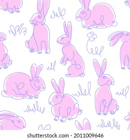 One line drawing Rabbits seamless vector pattern. Easter background