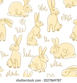 One line drawing Rabbits seamless vector pattern. Easter background