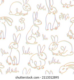 One line drawing Rabbits seamless vector pattern. Easter background