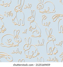 One line drawing Rabbits seamless vector pattern. Easter background