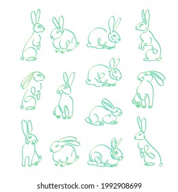 One line drawing Rabbits. Set of vector icons