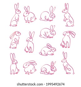 One line drawing Rabbits. Set of vector icons