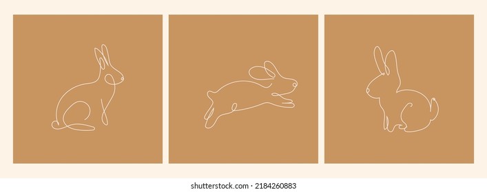 One line drawing Rabbits set .Poster, Vector on a light background