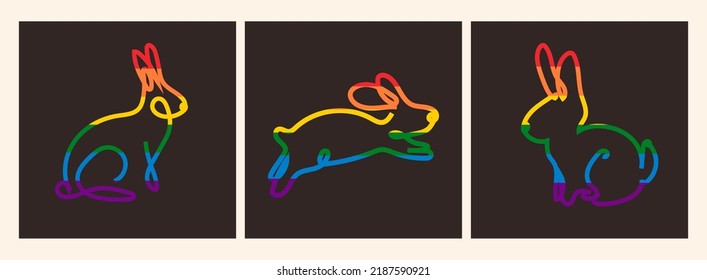 One line drawing Rabbits set in the color of the rainbow, the LGBT flag.Poster, Vector on a dark background. All elements are isolated	