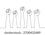 One line drawing of raised hands forming clenched fists, an international event concept for the Democracy Day, symbolizing civic voice, solidarity, freedom, participation in society.​