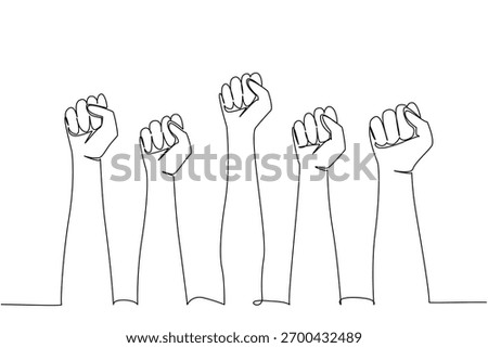 One line drawing of raised hands forming clenched fists, an international event concept for the Democracy Day, symbolizing civic voice, solidarity, freedom, participation in society.​