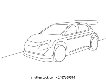 One line drawing of rally and drifting sporty sedan car. Vehicle transportation concept. Single continuous line draw design