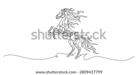 One Line Drawing of Rearing Skeleton Horse, Continuous Line Vector Art of Zombie Stallion