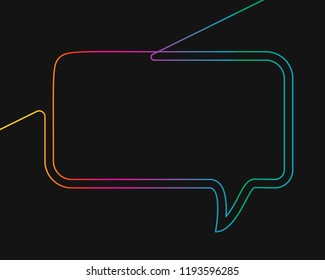 One line drawing of rectangular speech bubble, Rainbow colors on black background vector minimalistic linear illustration made of continuous line