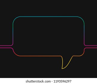 One line drawing of rectangular speech bubble, Rainbow colors on black background vector minimalistic linear illustration made of continuous line