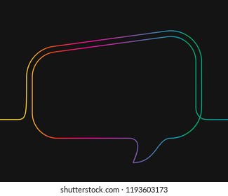 One line drawing of rectangular speech bubble, Rainbow colors on black background vector minimalistic linear illustration made of continuous line