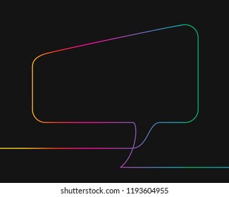 One line drawing of rectangular speech bubble, Rainbow colors on black background vector minimalistic linear illustration made of continuous line
