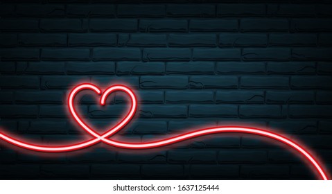 One line drawing red and white neon heart glowing on dark brick wall background. Vector illustration.
