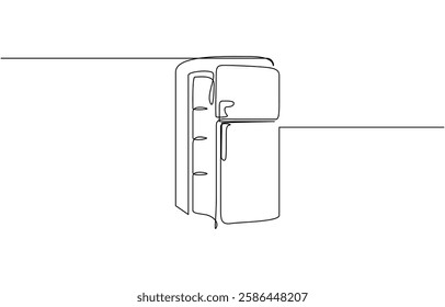 One line drawing of refrigerator in retro style. Continuous line drawing of Home appliance, fridge, One continuous line illustration of a refrigerator, isolated on white background.