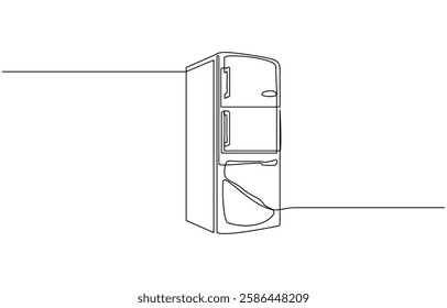 One line drawing of refrigerator in retro style. Continuous line drawing of Home appliance, fridge, One continuous line illustration of a refrigerator, isolated on white background.