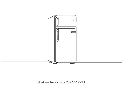 One line drawing of refrigerator in retro style. Continuous line drawing of Home appliance, fridge, One continuous line illustration of a refrigerator, isolated on white background.