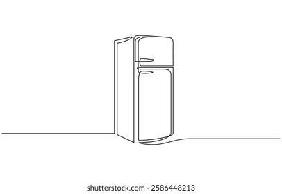 One line drawing of refrigerator in retro style. Continuous line drawing of Home appliance, fridge, One continuous line illustration of a refrigerator, isolated on white background.