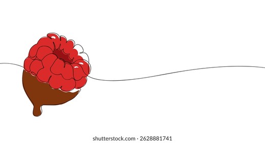 Um desenho de linha de uma framboesa madura mergulhada em chocolate, misturando o estilo mínimo com o conceito de ilustração de sobremesa doce.
