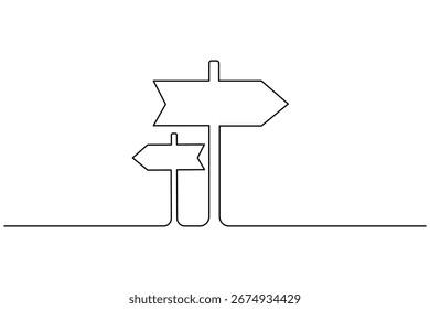 One line drawing of road directional signpost with arrows showing travel and navigation directions