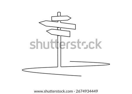 One line drawing of road directional signpost with arrows showing travel and navigation directions