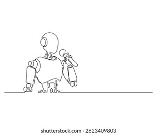 One line drawing of a robot singing into a microphone with emotion, futuristic humanoid performer art, minimalistic style for scifi, music, and technology concepts.