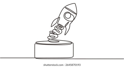 One line drawing of a rocket launching from a podium symbolizing startup growth, ideal for a business launch or project presentation.