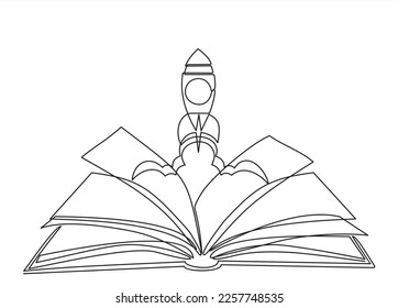 One line drawing of rocket spaceship and book graduation for dream,imagination,creativity conceptual. Continuous line art vector illustration