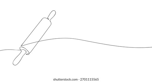 One line drawing of a rolling pin on white background. Minimal continuous line art for kitchen, baking, pastry, and cooking design with copy space.