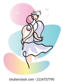 One line drawing of romantic couple in love at beach.
One continuous line drawing of honeymoon and sunset.
