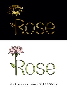 One line drawing of a rose flower. Minimal modern and simple vector for logo. Rose. Outline hand drawing icon. Decorative element for cosmetics, wedding design for birthday with the inscription -rose