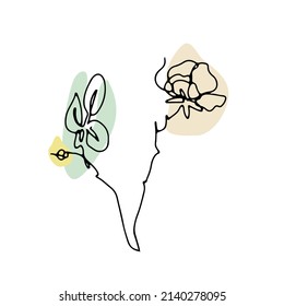 One line drawing rose. Hand drawn single line flower with neutral abstract shapes background