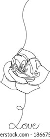 One line drawing of rose with phrase love - minimal art