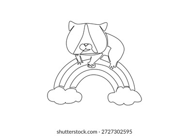 Um desenho de linha de hamster charmoso redondo descansando confortavelmente através de um arco-íris aterrado por nuvens macias. Conceito de natureza para animal de estimação roedor bonito, encantador para a arte de parede do berçário e cartaz de crianças