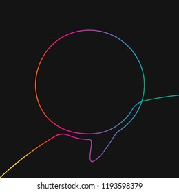 Dibujo de una línea de burbuja de habla redonda, colores del arcoiris sobre el fondo negro vector ilustración lineal minimalista hecha de línea continua