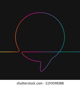 Dibujo de una línea de burbuja de habla redonda, colores del arcoiris sobre el fondo negro vector ilustración lineal minimalista hecha de línea continua